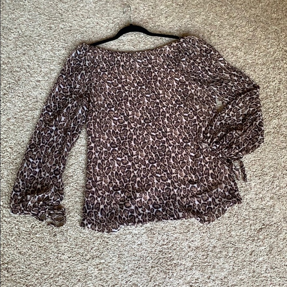 WHBM leopard blouse with tie sleeves